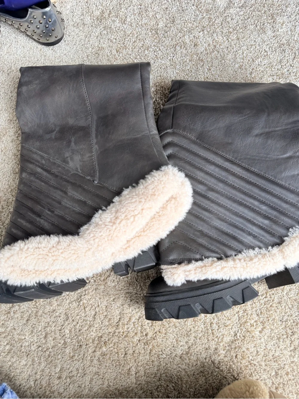 Fashion Nova Black Over-the-Knee Lug Sole Boots with Shearling Cuff